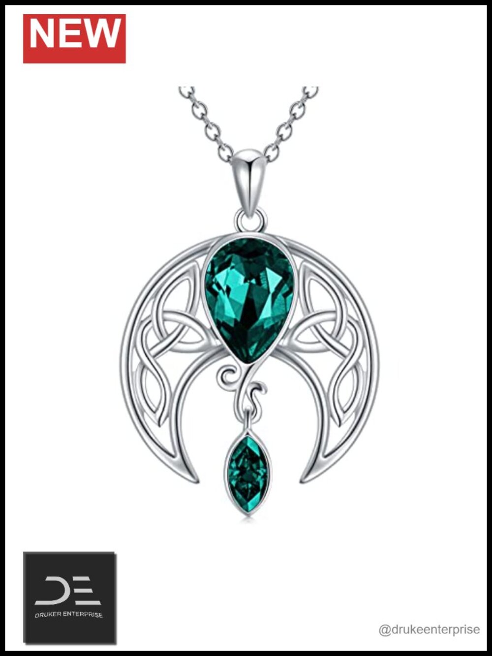 Sterling Silver Celtic Crescent Moon Goddess Pendant Necklace with May